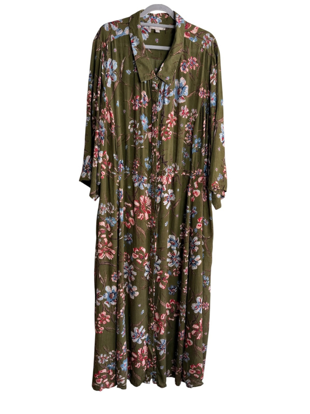Woman Within Olive Floral Crinkle Maxi Shirt Dress Roll Tab Sleeve Pockets 32W